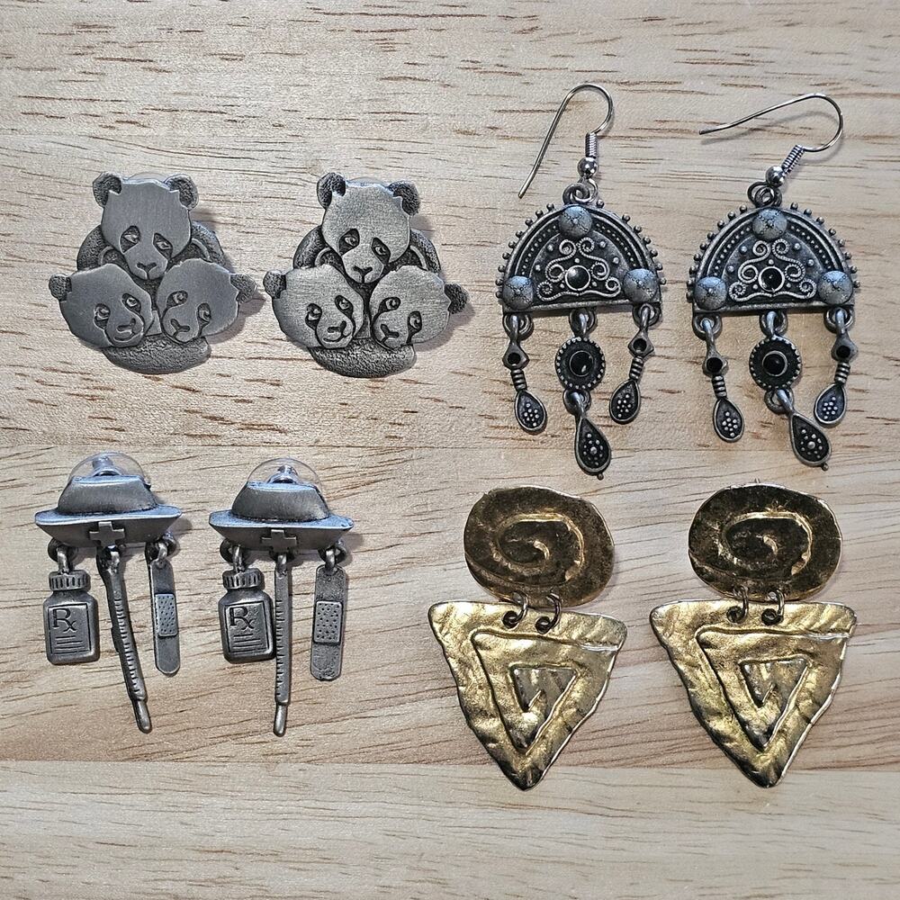 JJ Jonette Jewelry 4 Pairs Earrings Vintage - Pandas, Nurse, Tribal
